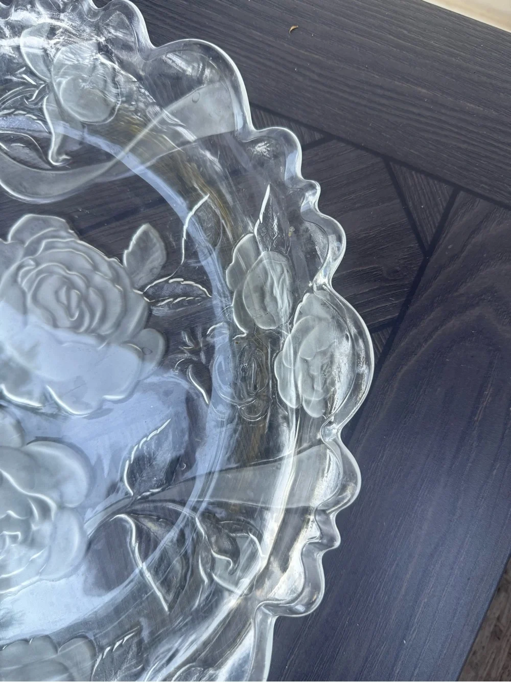 Vintage Frosted Pressed Glass Rose Platter Scalloped Edge Serving dish 14”x1.5”